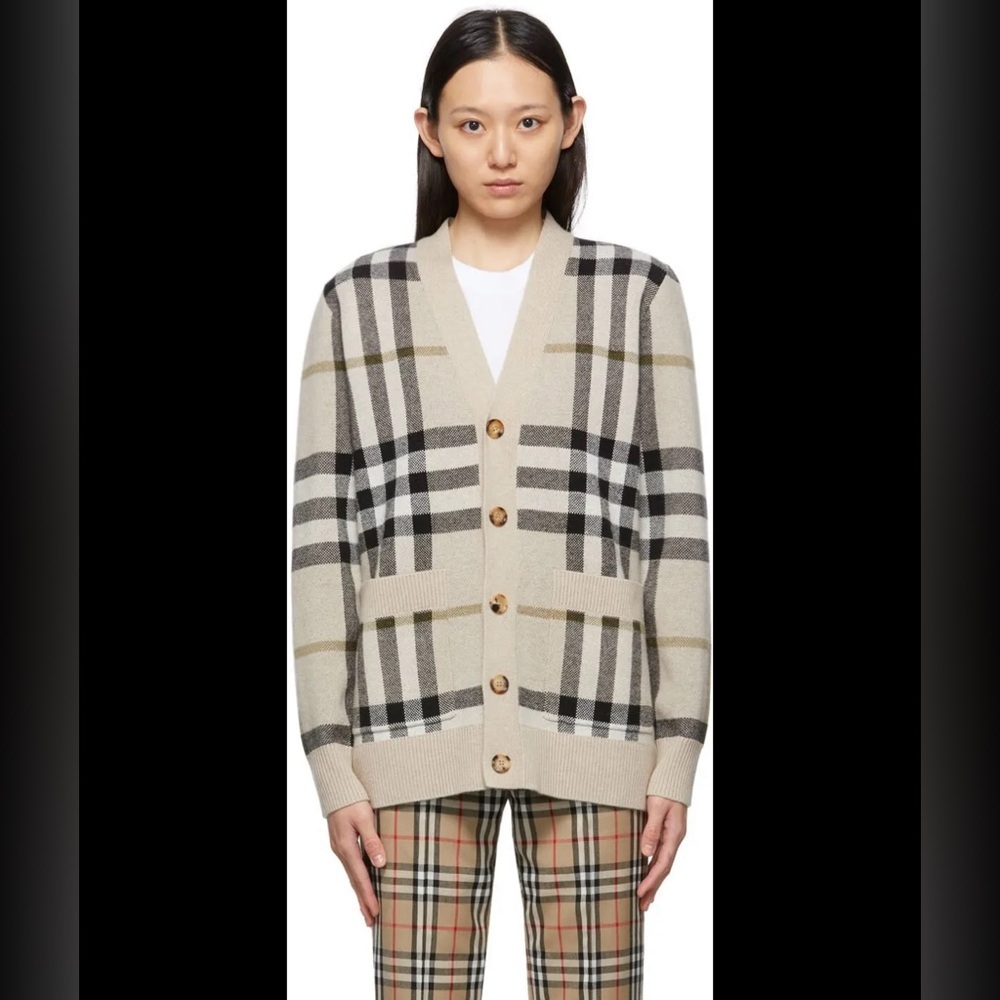 Burberry Signature Check Jacquard Cardigan Wool Cashmere in Beige | size L - Picture 5 of 12